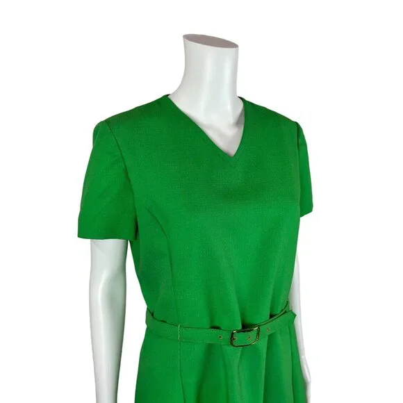Vintage 70s Shift Dress Women's Large Solid Green V-Neck Belted Kangaroo Pockets - Picture 5 of 11